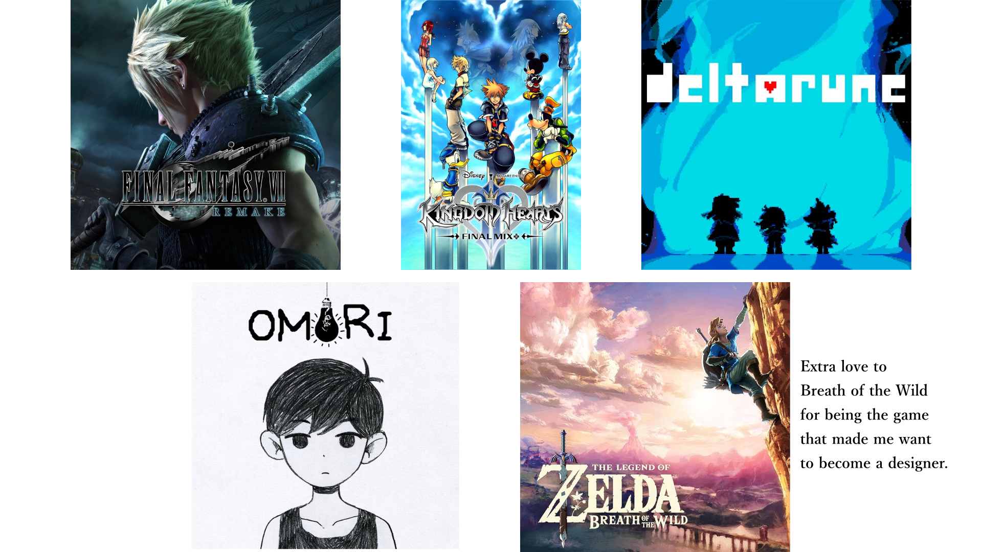 Favorite Games including Final Fantasy VII, Kingdom Hearts 2, Deltarune, Omori, and The Legend of Zelda: Breath of the Wild